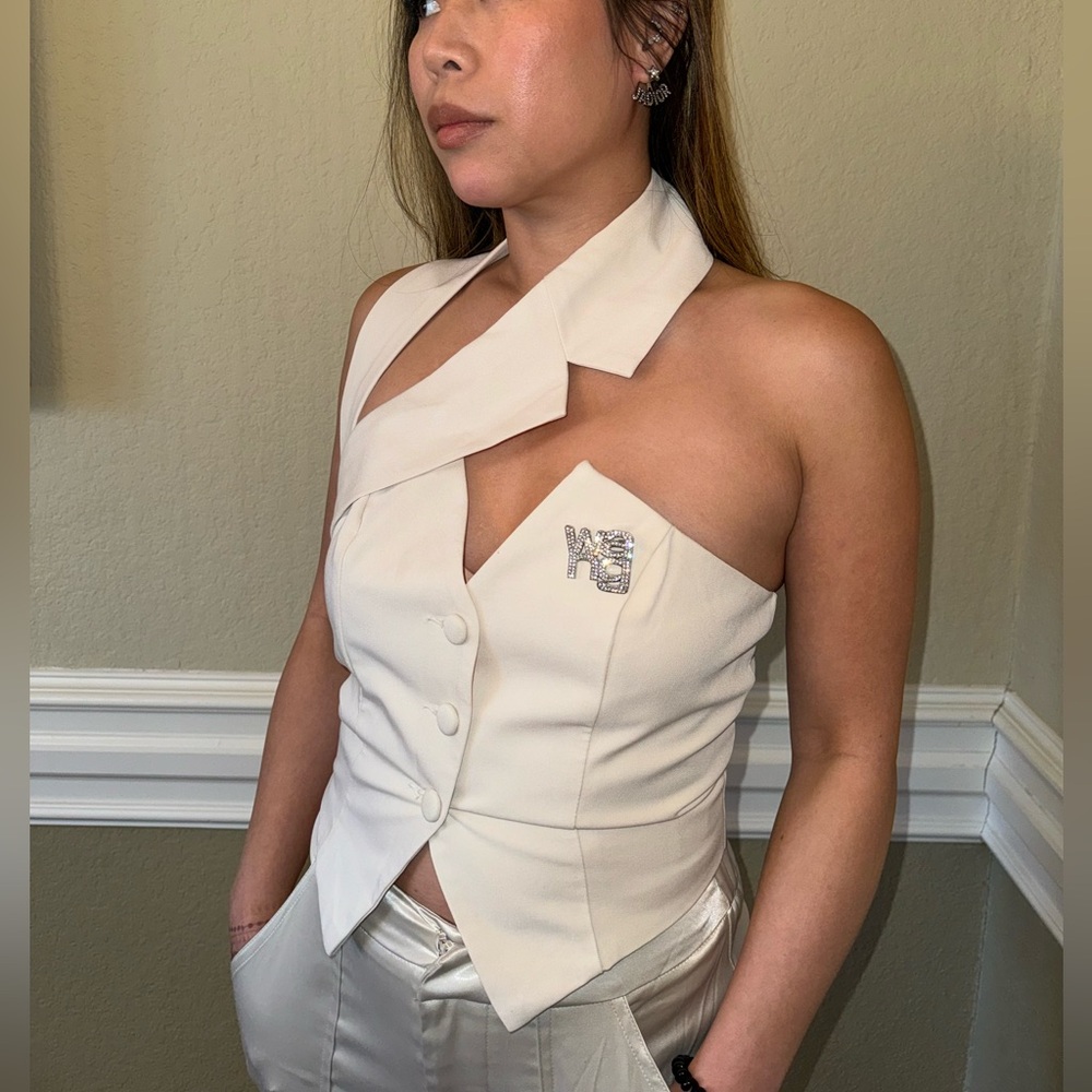 Asymmetrical Cream Halter Suit Top with Wang Rhinestone Brooch